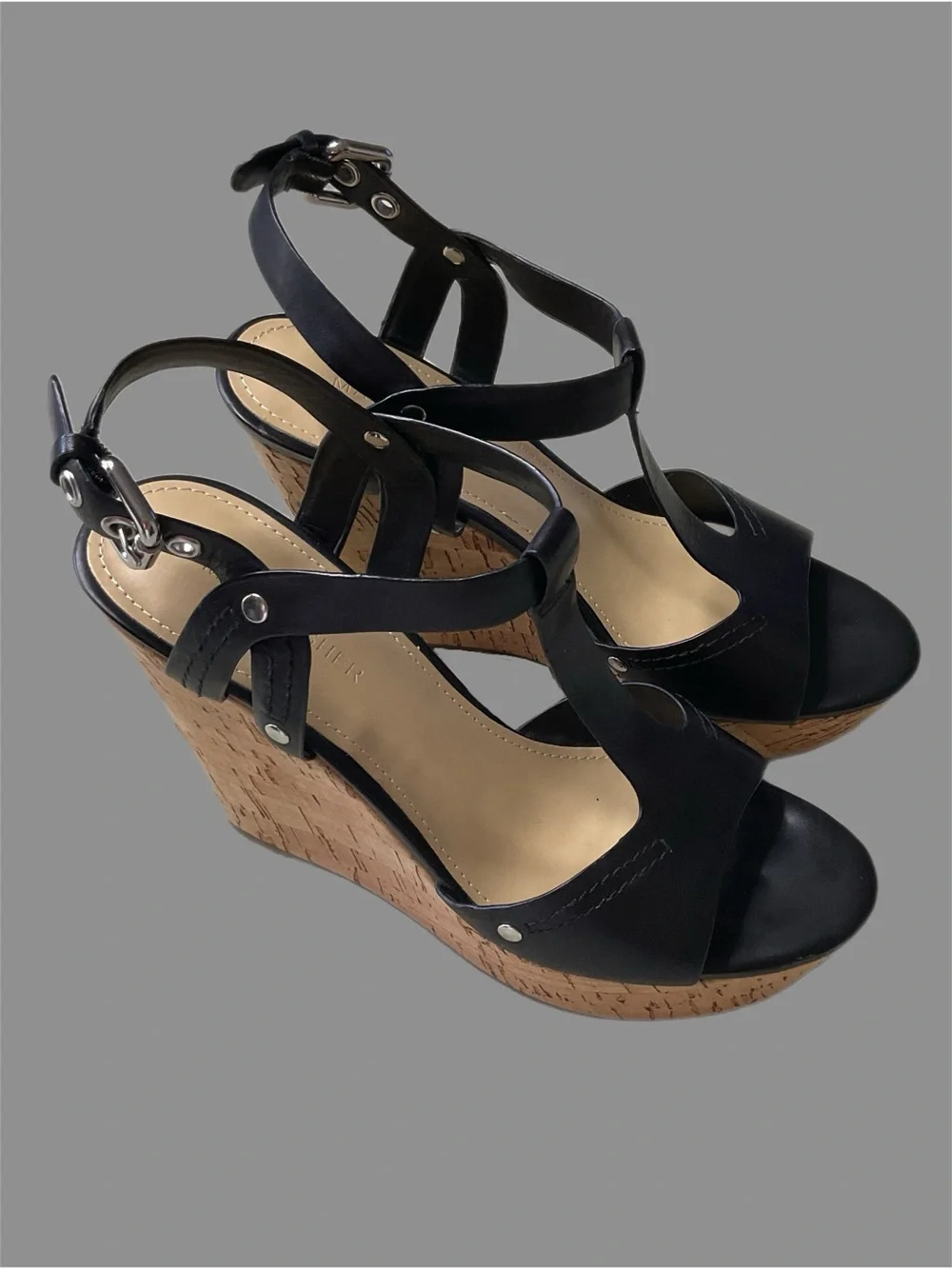 Marc Fisher Black Leather 5” Cork Platform Wedge Sandals Buckle Ankle Strap Boho